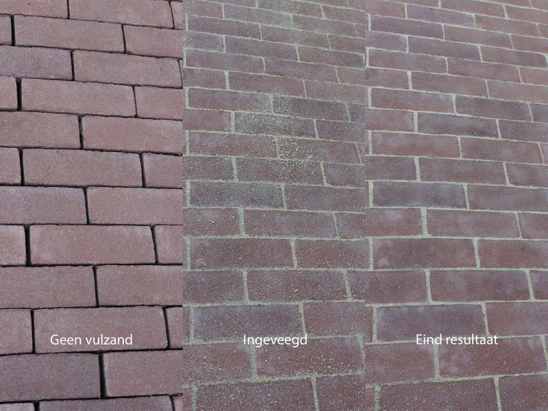Detailfoto van bestrating in drie stroken: zonder vulzand, net ingeveegd, en het eindresultaat